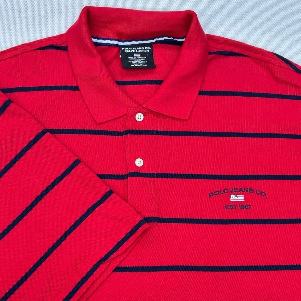 Polo Jeans Co Ralph Lauren Polo Shirt Mens L Flag Red Navy Striped Y2K 90s VTG